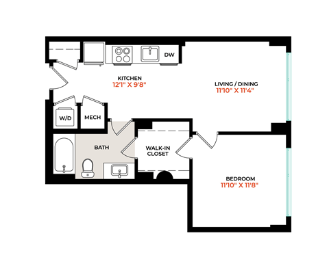 Floor plan for 1 bed, 1 bath, 632 sqft